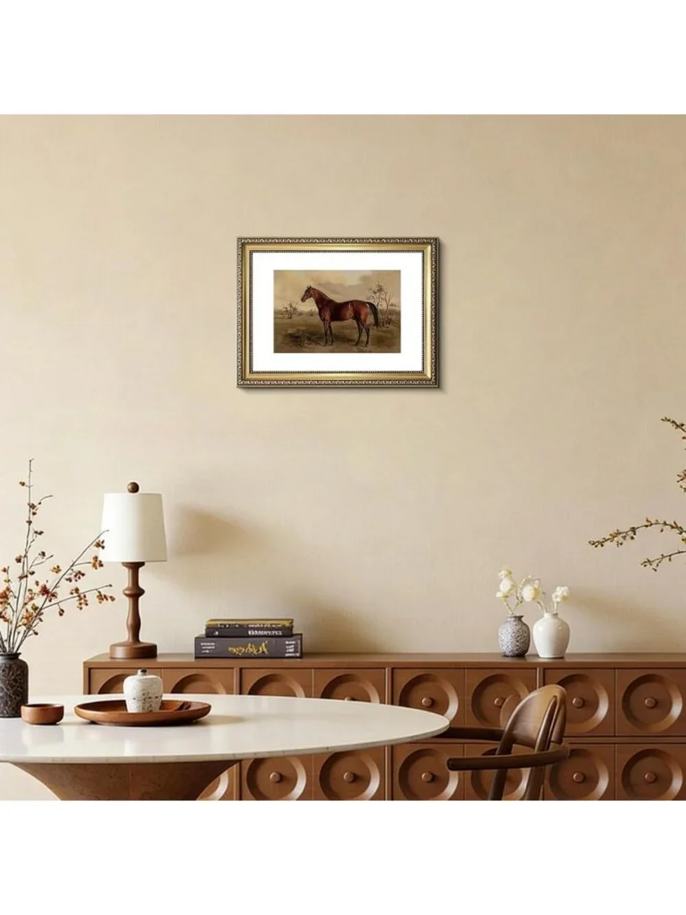 Vintage Two-Tone Gold Framed Majestic Brown Horse Canvas Wall Art, Ready to